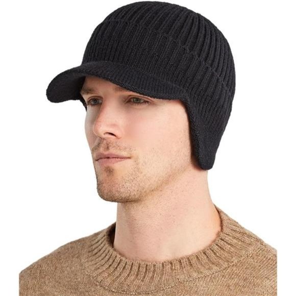 Men's Winter Visor Beanie Hat with Earflaps Knit Black - Picture 1 of 5